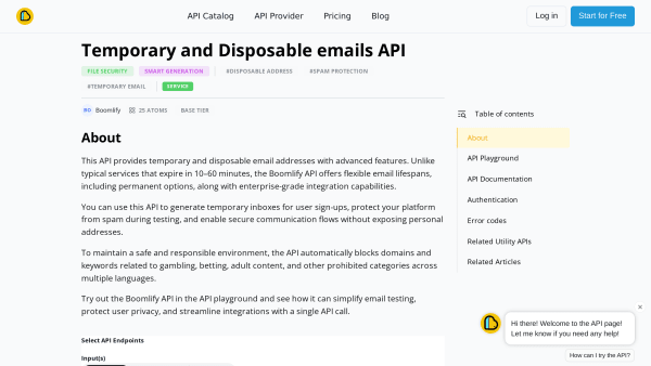 Temporary and Disposable emails API's website screenshot
