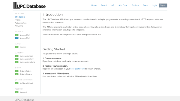 UPC database's website screenshot