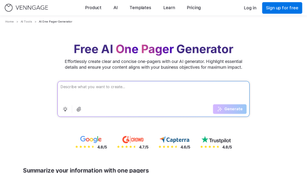 AI One Pager Generator's website screenshot