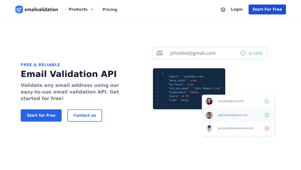 Emailvalidation's website screenshot
