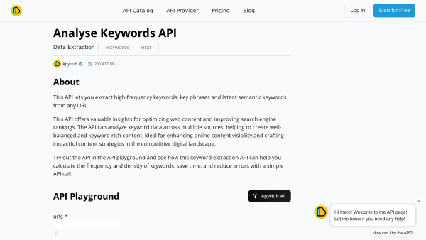 Analyse Keywords API's website screenshot