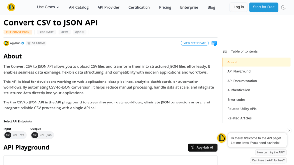 CSC to JSON API's website screenshot