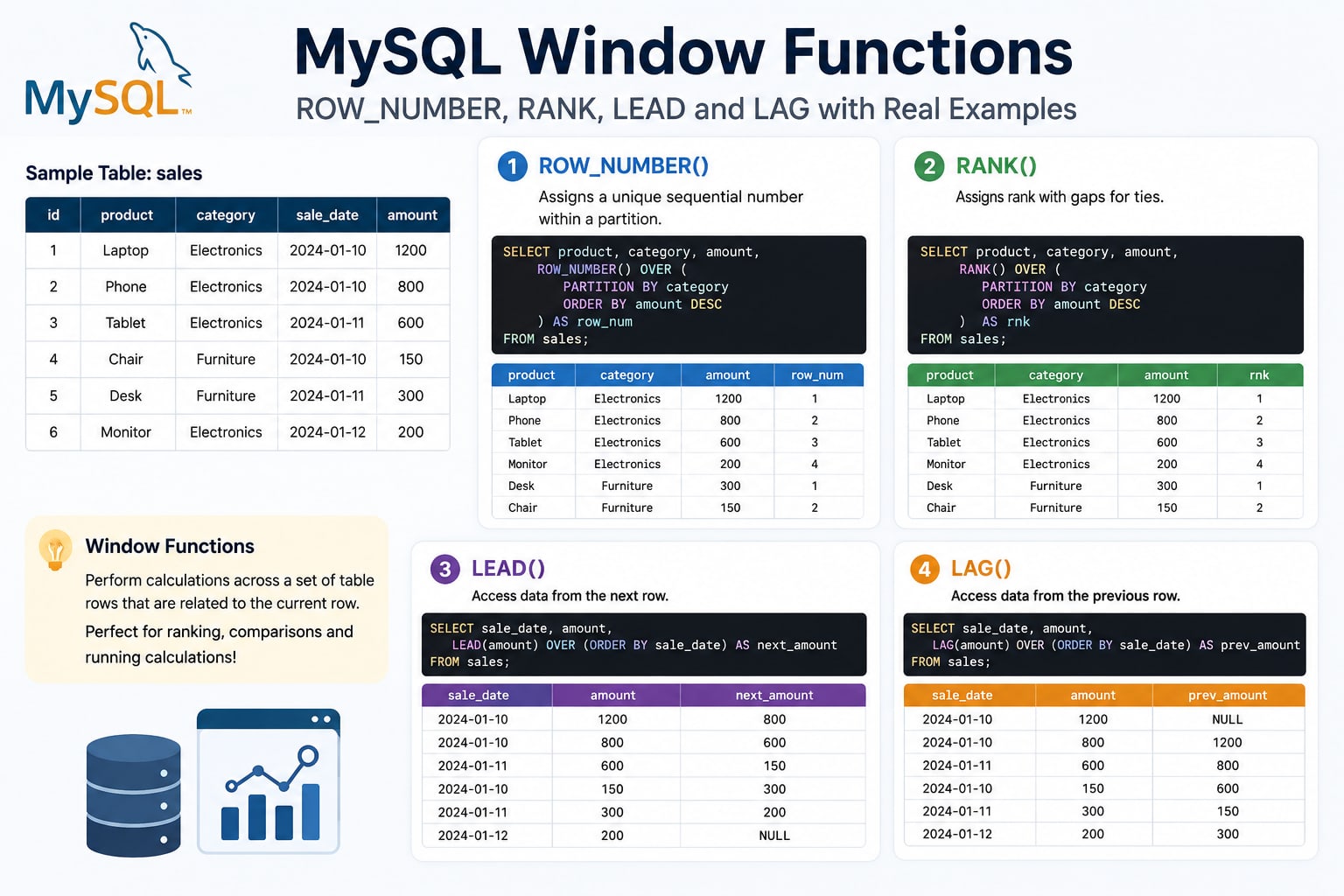 MySQL Window Functions: ROW_NUMBER, RANK, LEAD and LAG with Real Examples