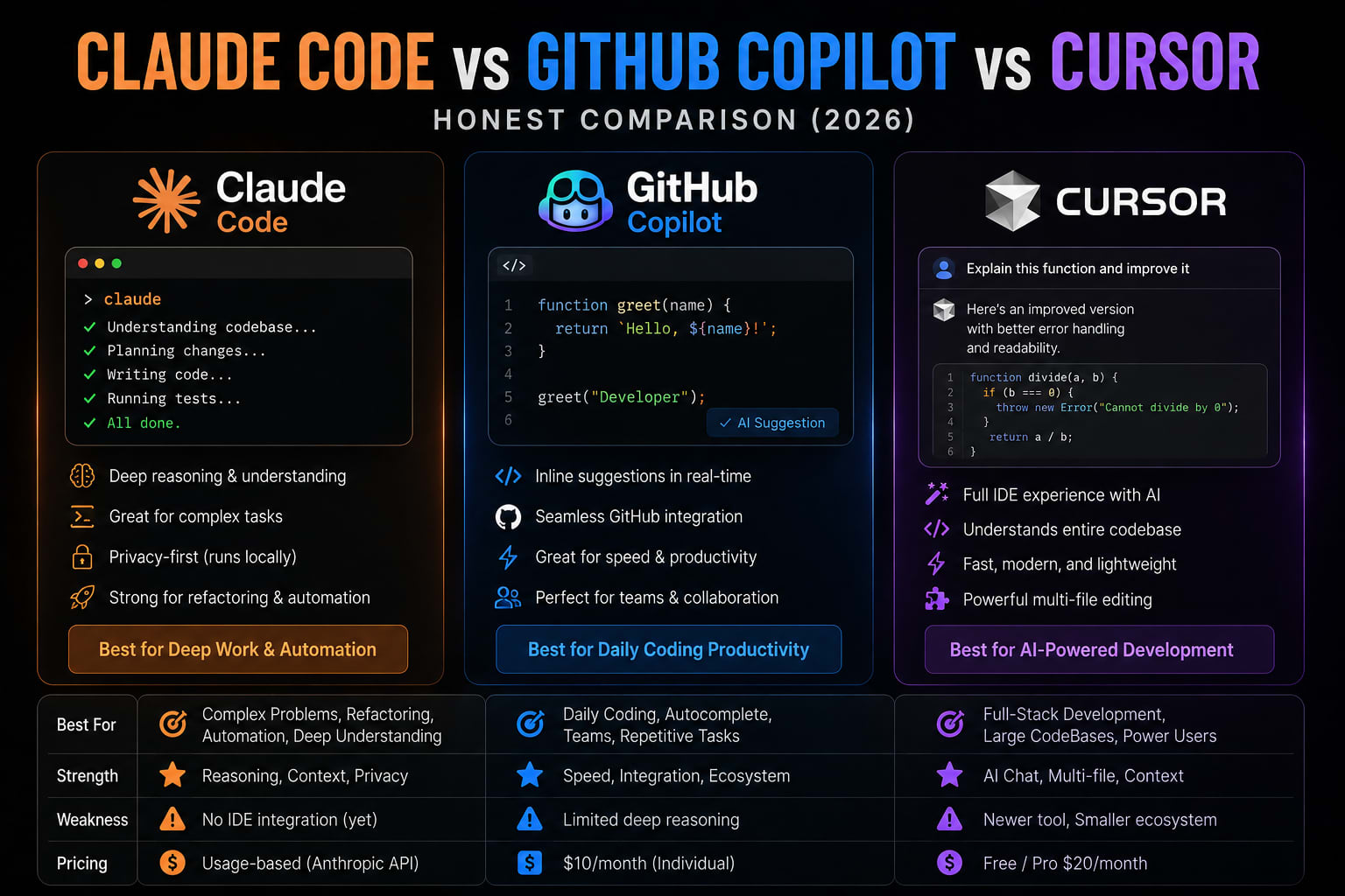 Claude Code vs GitHub Copilot vs Cursor — Honest Comparison (2026)