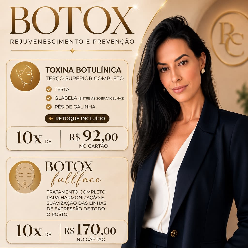 ✨ BOTox: prevenção, rejuvenescimento e naturalidade ✨
As rugas de expressão começam a se formar muito antes de ficarem marcadas. O Botox ajuda a suavizar linhas da testa, pés de galinha e rugas entre as sobrancelhas, além de prevenir o envelhecimento precoce da pele.
💉 Resultado natural💉 Procedimento rápido💉 Sem necessidade de afastamento das atividades💉 Rosto mais leve, descansado e harmonioso
🎁 Terço superior completo + retoque incluso
💳 10x de R$ 92,00 no cartão
📍 Atendimento em Alphaville em domicílio.📲 Agende sua avaliação: (31) 99333-9622
Realce Cibelle CostaFisioterapeuta Dermatofuncional | Estética Avançada