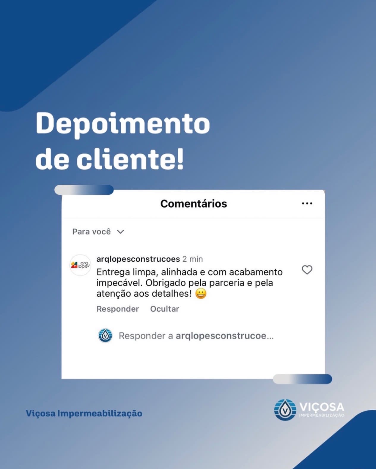 🎙️ Parcerias que constroem com responsabilidade

Na engenharia civil, a qualidade da entrega é proporcional à confiança entre os profissionais envolvidos.

É por isso que parcerias como a que temos com a @arqlopesconstrucoes fazem diferença em cada metro quadrado impermeabilizado.

Neste depoimento, o time técnico da @arqlopesconstrucoes compartilha sua visão sobre nossa atuação em campo:

✔ Entrega limpa
✔ Acabamento impecável
✔ Atenção nos detalhes

Mais do que impermeabilizar, entregamos segurança, tranquilidade e confiança para quem projeta, constrói e investe.