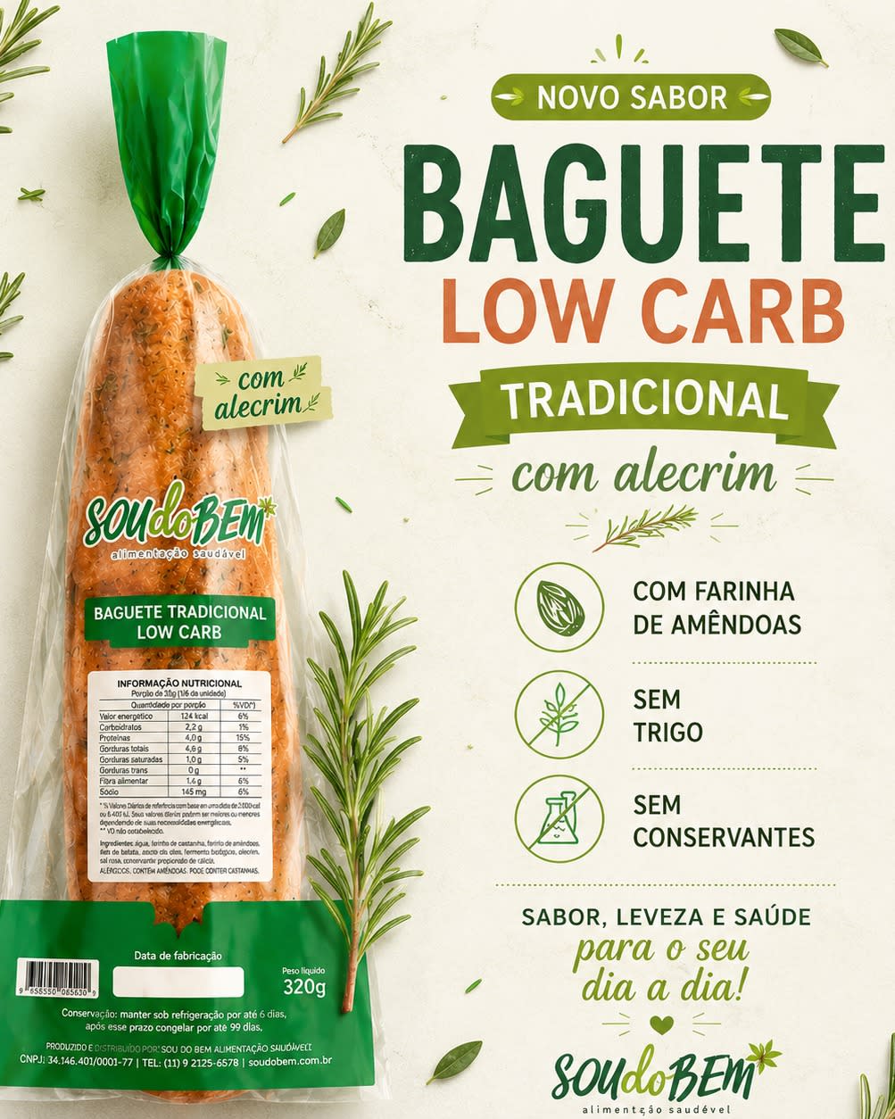 Já conhece nossas baguetes low carb? 
Elas são preparadas com pura farinha de amêndoas, sem glúten, sem conservantes e sem açúcar, ideal para as pessoas que prezam por uma alimentação saudável ou tem alguma intolerância alimentar. 
Aprovada por diabéticos! 💚🥖
Faça sua encomenda pelo WhatsApp 
31 99718-1821. 1