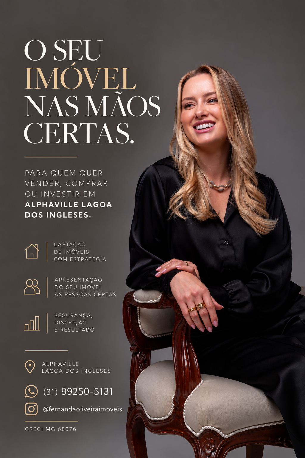 Comprar ou vender um imóvel envolve muito mais do que anunciar ou encontrar boas opções. Envolve estratégia, conhecimento da região e, principalmente, entender as pessoas por trás de cada negociação.

Meu trabalho é conectar bons imóveis às pessoas certas, com um atendimento próximo, criterioso e transparente em todas as etapas.

Se você tem um imóvel no Alphaville Lagoa dos Ingleses e está pensando em vender, posso te ajudar a posicioná-lo no mercado e apresentá-lo a compradores realmente qualificados.

E se o seu próximo endereço está por aqui, será um prazer entender o que você procura e fazer uma curadoria de imóveis alinhada ao seu momento e à sua família.

Quer vender ou encontrar seu novo imóvel no Alphaville? Fale comigo.

Fernanda Oliveira
Negócios Imobiliários
📲 (31) 99250-5131
CRECI-MG 68076
@fernandaoliveiraimoveis