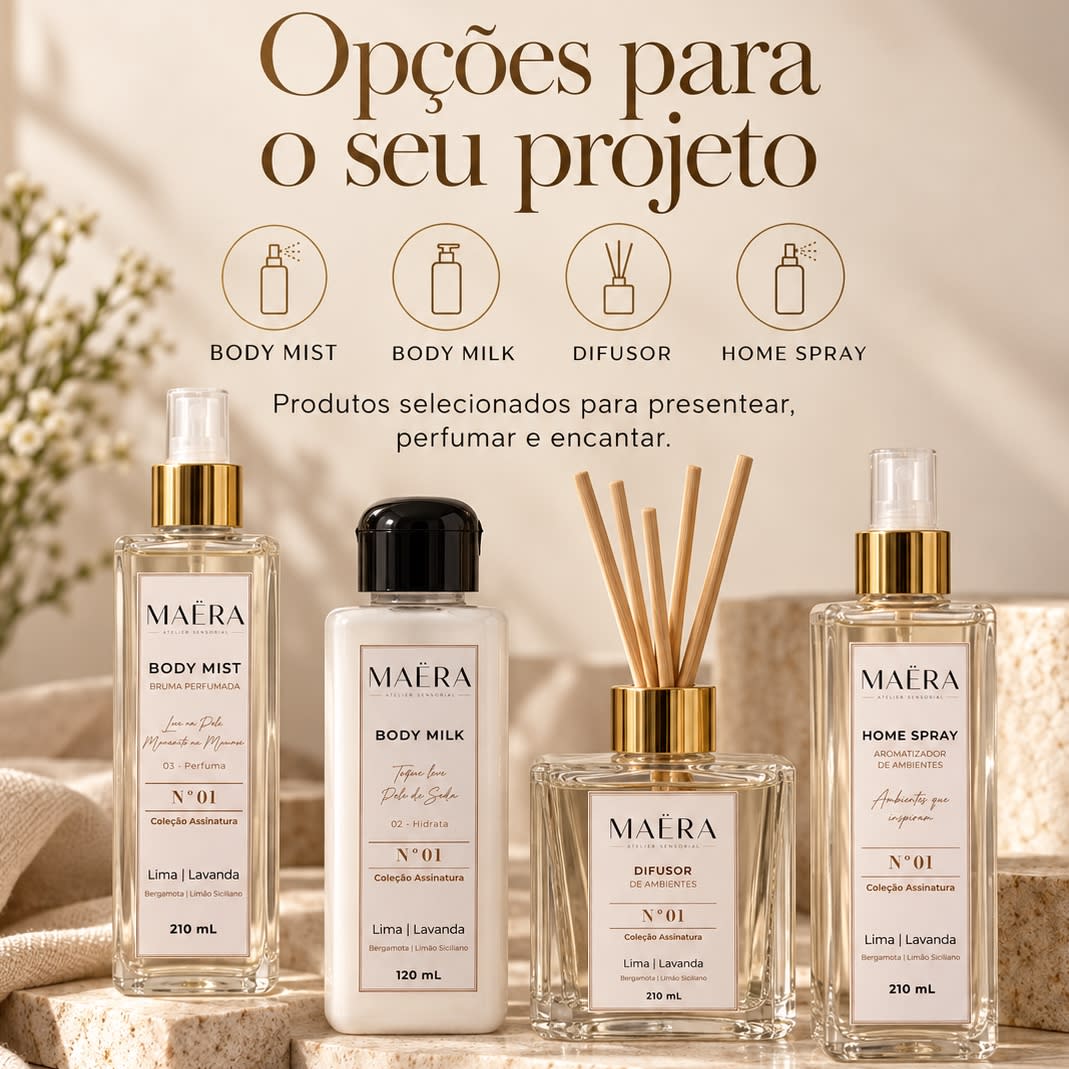 A MAËRA cria experiências sensoriais para empresas que querem ir além do brinde convencional — com presentes de fim de ano, kits para colaboradores e clientes, ações especiais e projetos com identidade olfativa.

É possível personalizar a experiência com Body Mist, Body Milk, Difusor e Home Spray, além de desenvolver apresentações com logomarca da empresa, rótulos e embalagens personalizadas.

Cada projeto é pensado de forma individual, de acordo com a proposta, quantidade e identidade da empresa.

Para receber uma proposta, envie “CORPORATIVO” no Direct. ✨

MAËRA Atelier Sensorial
Presentes que deixam memória. 3