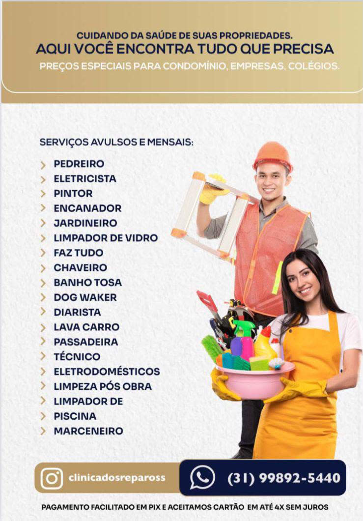 🏠🔧 CLÍNICA DOS REPAROS 🔧🏢

🏡 Cuidamos da sua CASA!
🏢 Cuidamos do seu COMÉRCIO!

Manutenção e reparos com qualidade, cuidado e confiança para manter seus ambientes sempre em perfeito estado.

✅ Reparos e manutenção
✅ Cuidado com seu patrimônio
✅ Mais segurança, tranquilidade e valorização

💙 CLÍNICA DOS REPAROS

* Cuidando da saúde das suas propriedades!*

📲 Entre em contato e conheça nossos serviços. (31)99892-5440

🛠️ Sua casa e seu comércio em boas mãos! 2