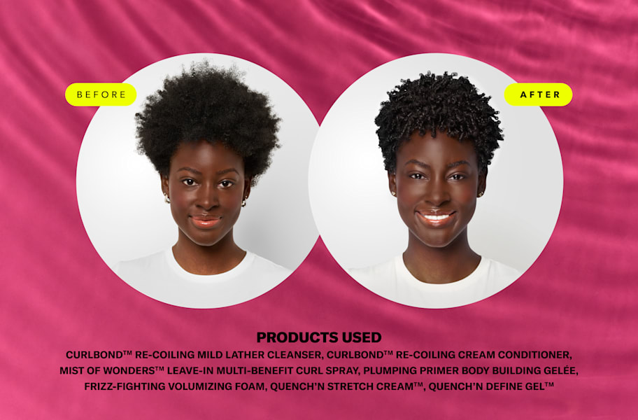 woman with coily hair before and after