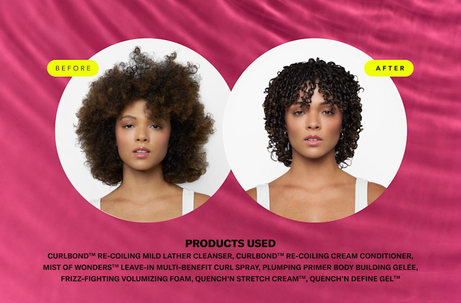 woman with curly hair before and after