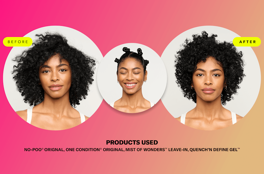 woman with curly hair before and after wash n go + bantu knots