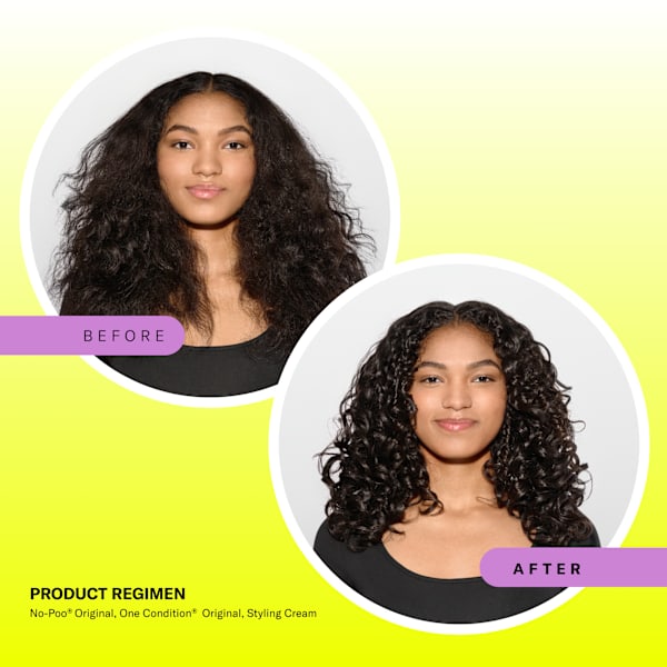 before + after of woman with long dark curly hair