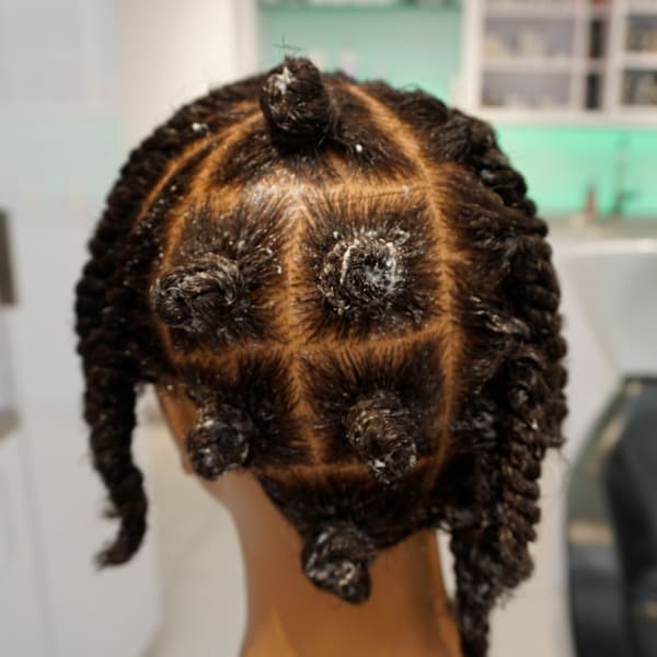 mannequin head with box parted sections and twists