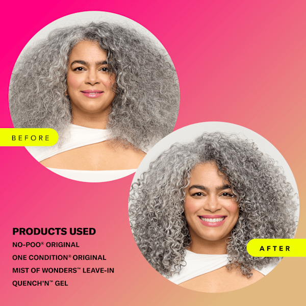 Woman with silver curly hair Before and After