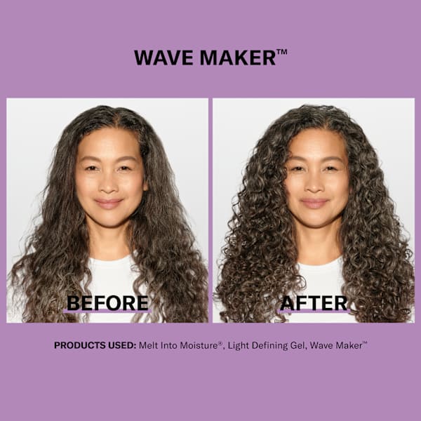 woman with long curl hair before & after