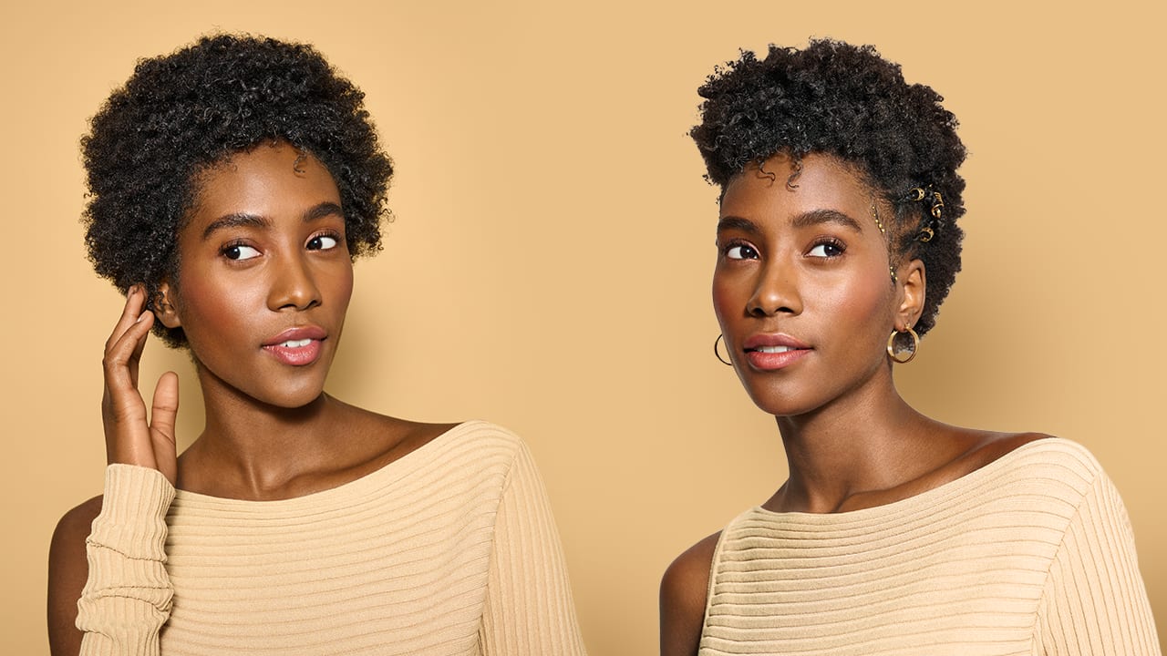 model with coily hair in 2 different styles