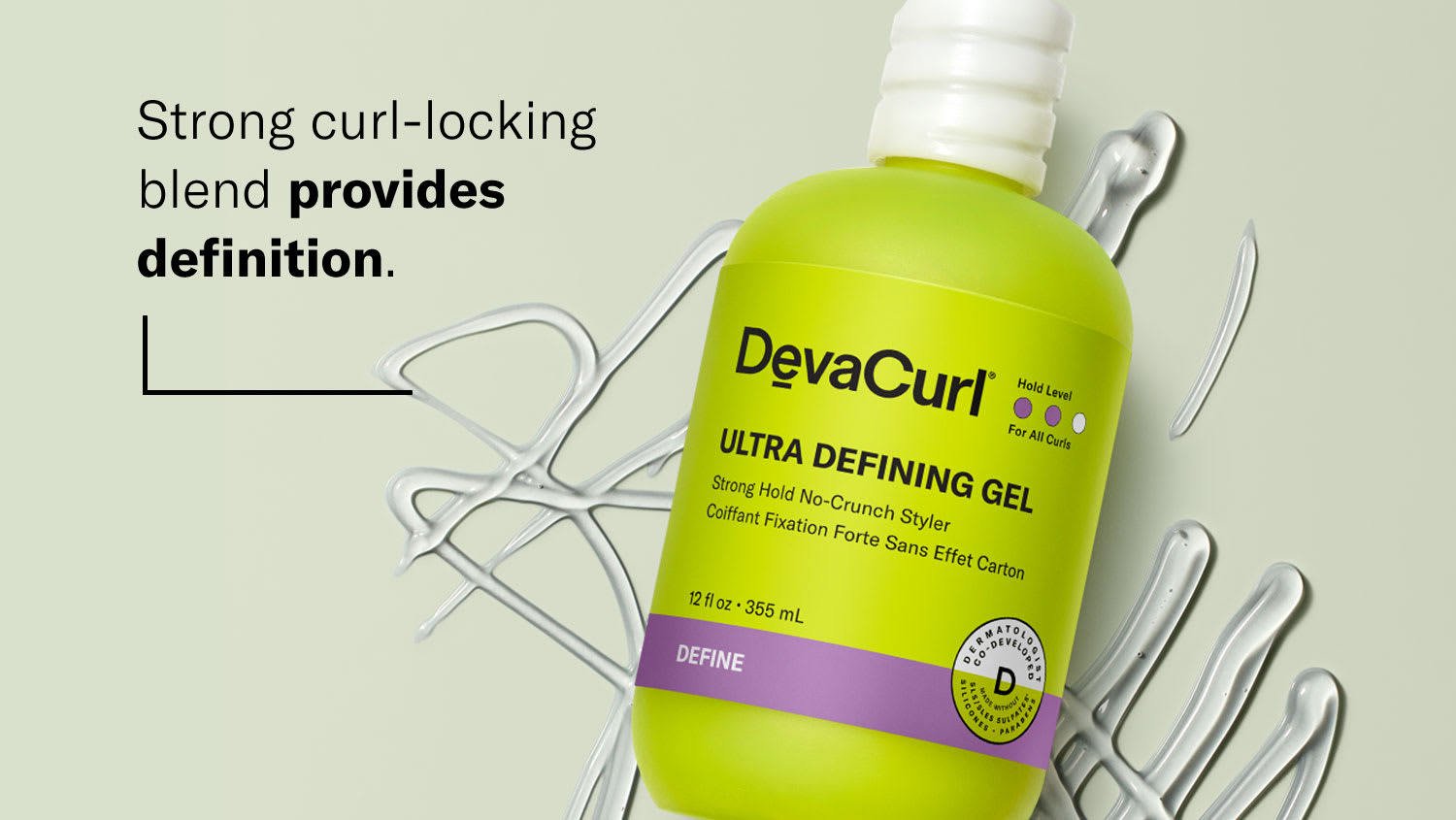 Ultra Defining Gel bottle with goop and benefit callout: Strong curl-locking blend provides definition.