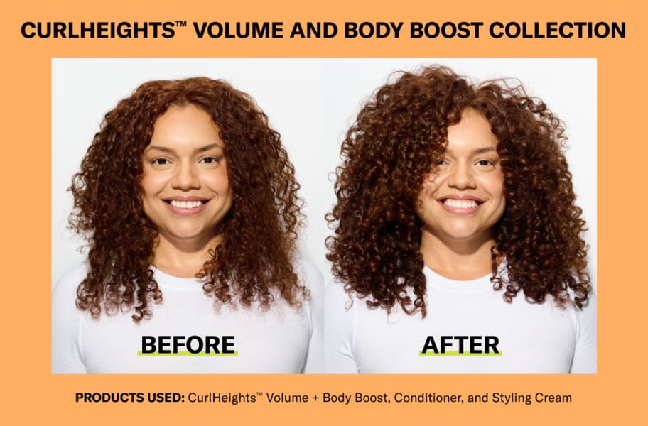 Woman with brown curly hair Before and After using the CurlHeights collection