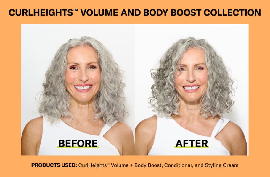 Woman with silver wavy hair Before and After using the CurlHeights collection