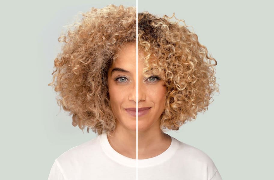 woman with curly hair before and after