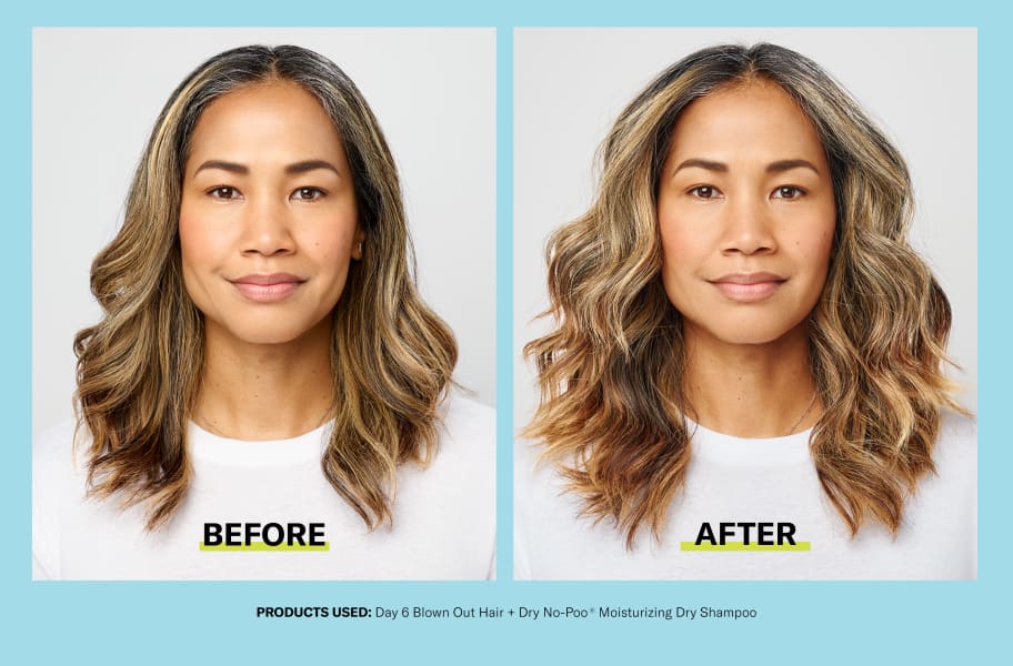 before and after for woman with blown out wavy hair