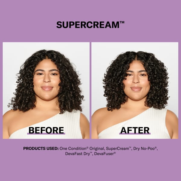 woman with dark curly hair before & after