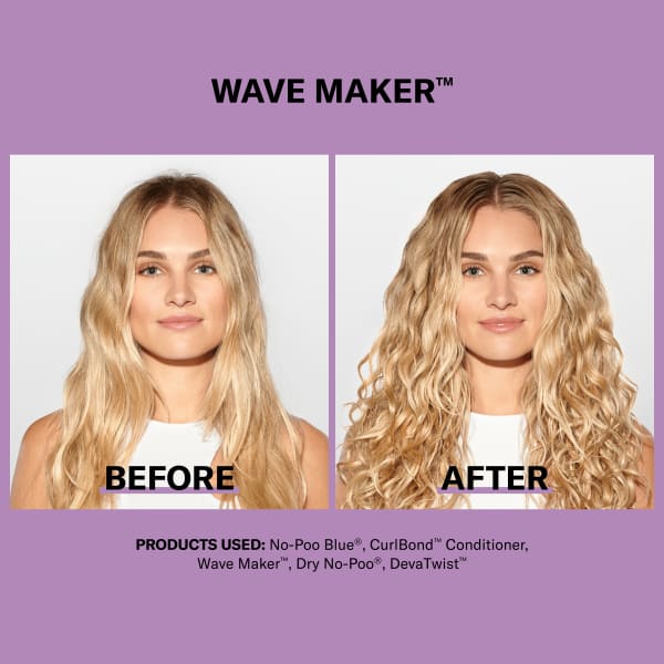 woman with long wavy blonde hair before & after