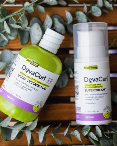 DevaCurl hypoallergenic and Fragrance-Free Ultra Defining Gel & SuperCream bottles