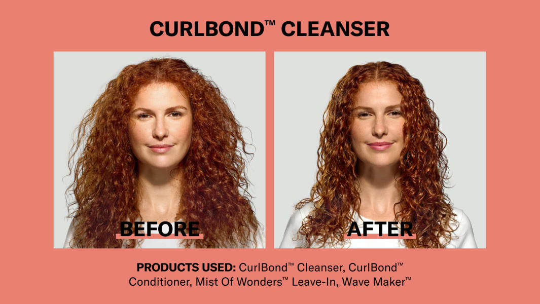 woman with red curly hair before & after