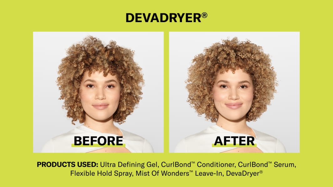 woman with blonde curly hair before and after