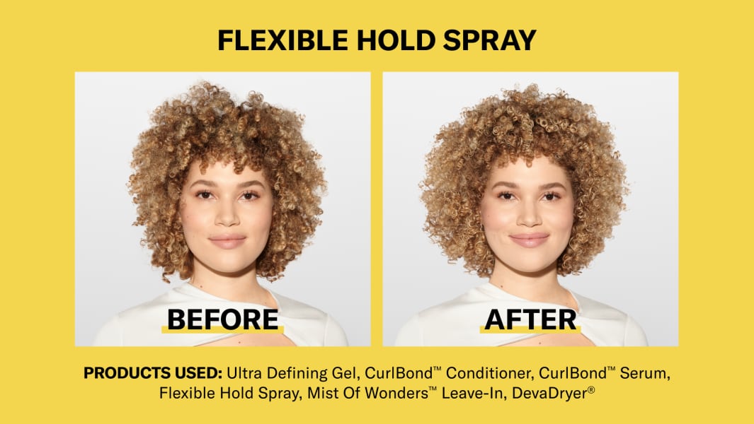 Woman with blonde curly hair before and after