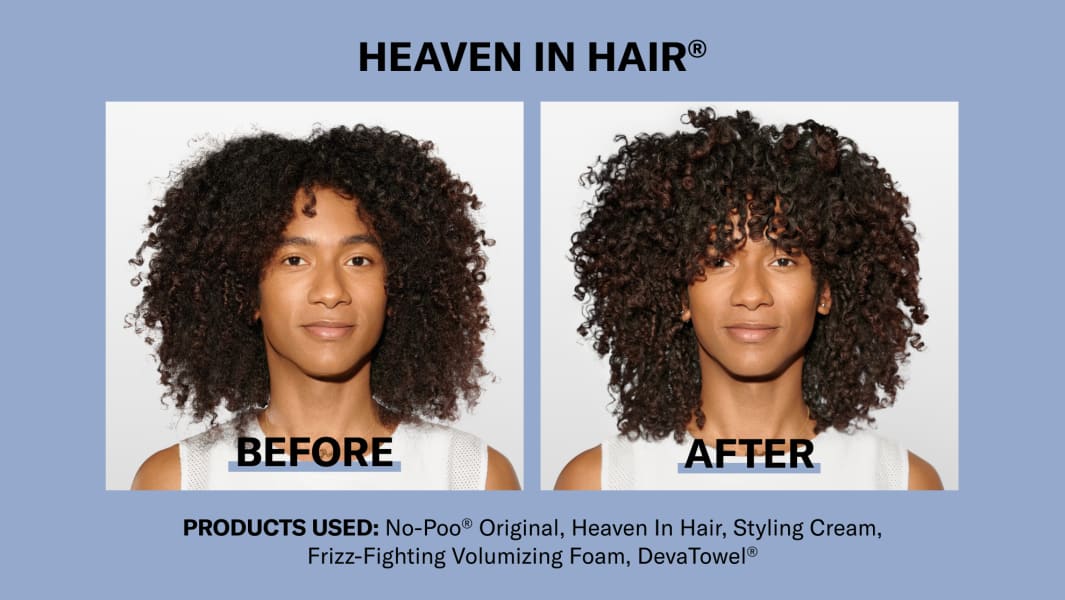 person with full curly hair before & after