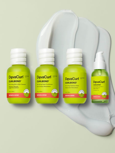 DevaCurl CurlBond™ cleanser, conditioner, and mask 3oz bottles, curlbond serum 1oz bottle