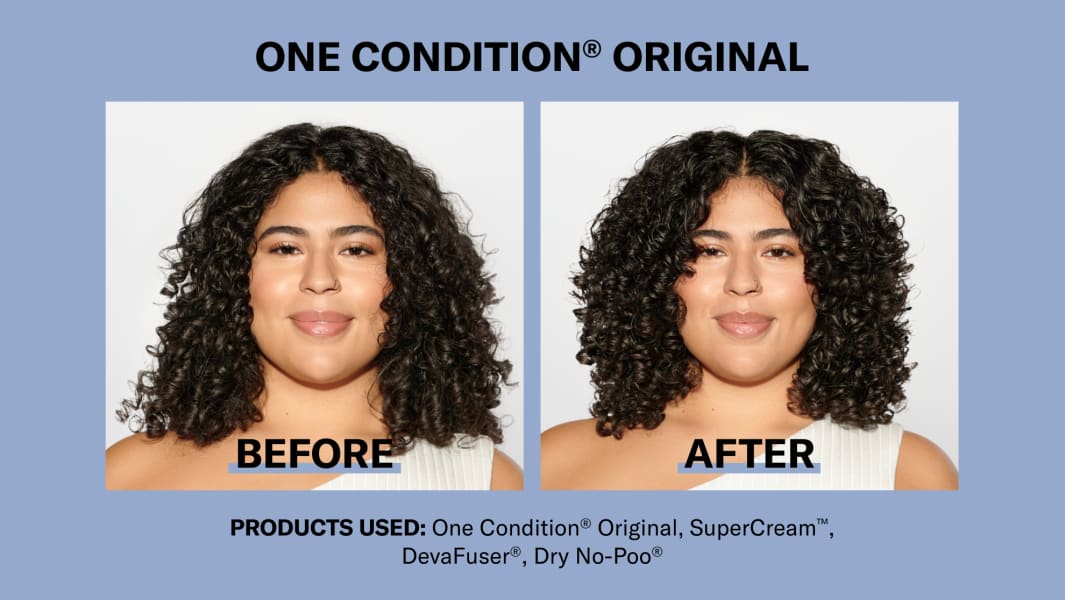 Woman with dark curly hair before & after