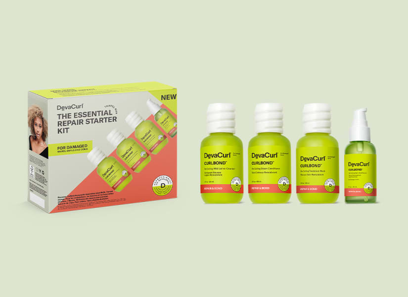 DevaCurl Pro Essential Hair Repair Kit: CurlBond™ kit with bottles outside box