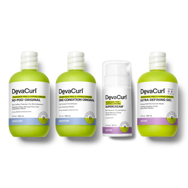 DevaCurl Fragrance-Free & Hypoallergenic No-Poo Original, One Condition Original, SuperCream & Ultra Defining Gel bottles