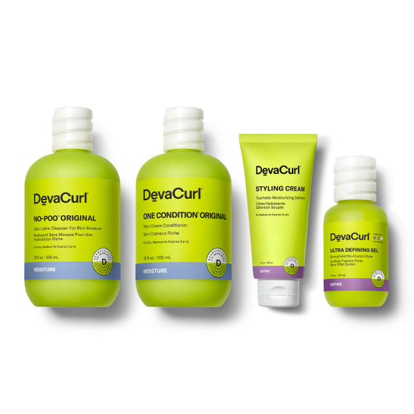 DevaCurl Original Cleanser and Conditioner, Styling Cream tube and Ultra Defining Gel bottle