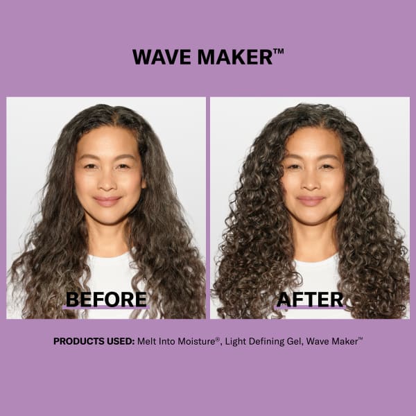 woman with long curl hair before & after