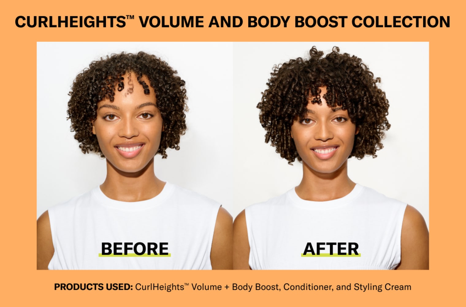 woman with dark coily hair before and after using the CurlHeights collection