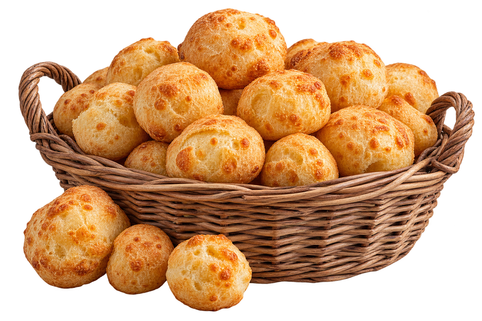 Cesto com vários pães de queijo dourados