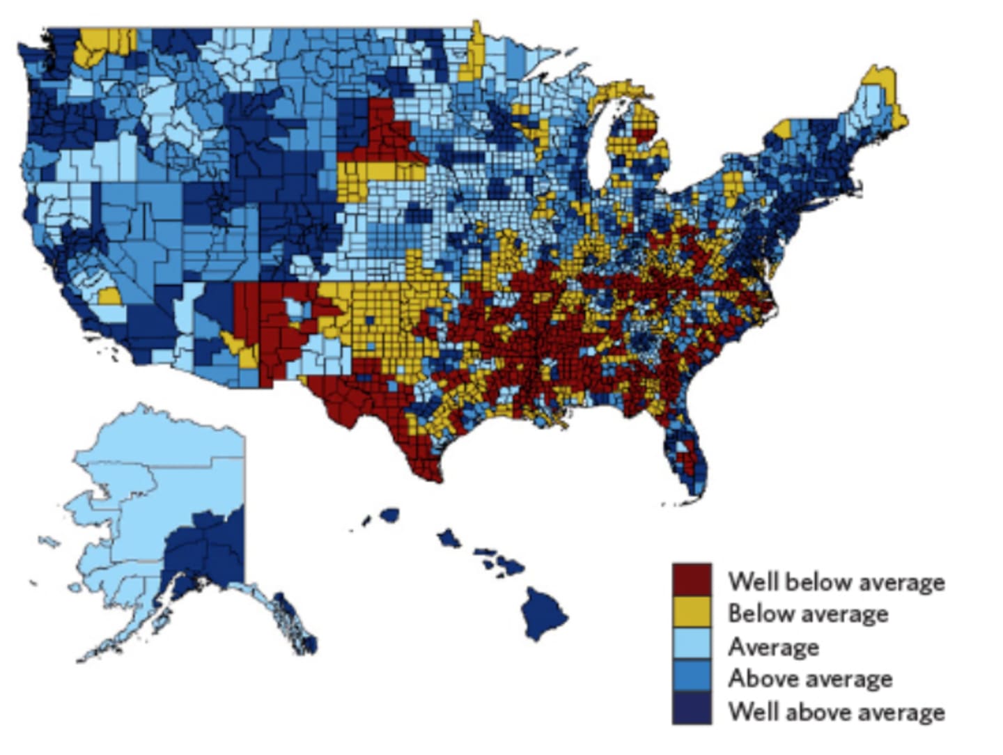 A map showing the continental United States with various areas highlighted in different colours. These colours represent areas of reduced or increased likelihood that households located in those areas have an internet connection at home. The map indicates that in large parts of the southern United States, this likelihood is lower than elsewhere.