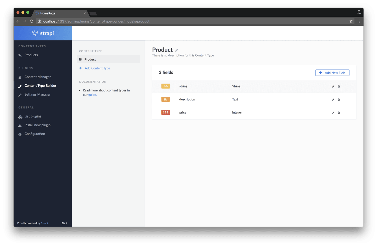 A screenshot of Strapi's main admin view on intial setup.