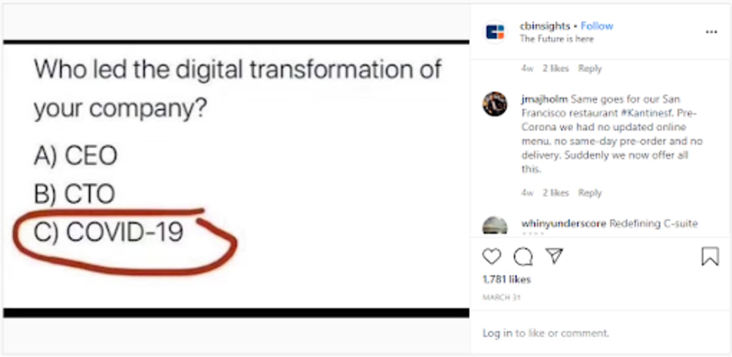 A snippet from Instagram featuring a simple multiple choice survet question. People are asked whether their digital transformation was led by their CEO, their CTO, or COVID-19.