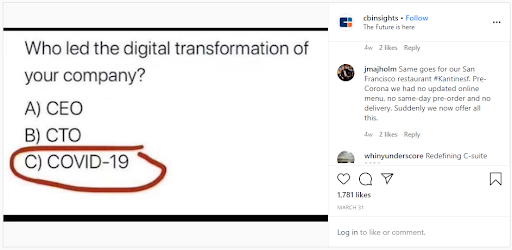 A snippet from Instagram featuring a simple multiple choice survet question. People are asked whether their digital transformation was led by their CEO, their CTO, or COVID-19.