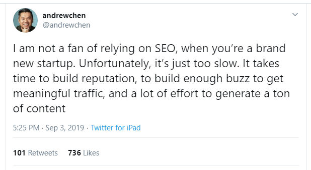 A Tweet from Andrew Chen stating that SEO requires too much time and effort to create 'a lot of traffic.'