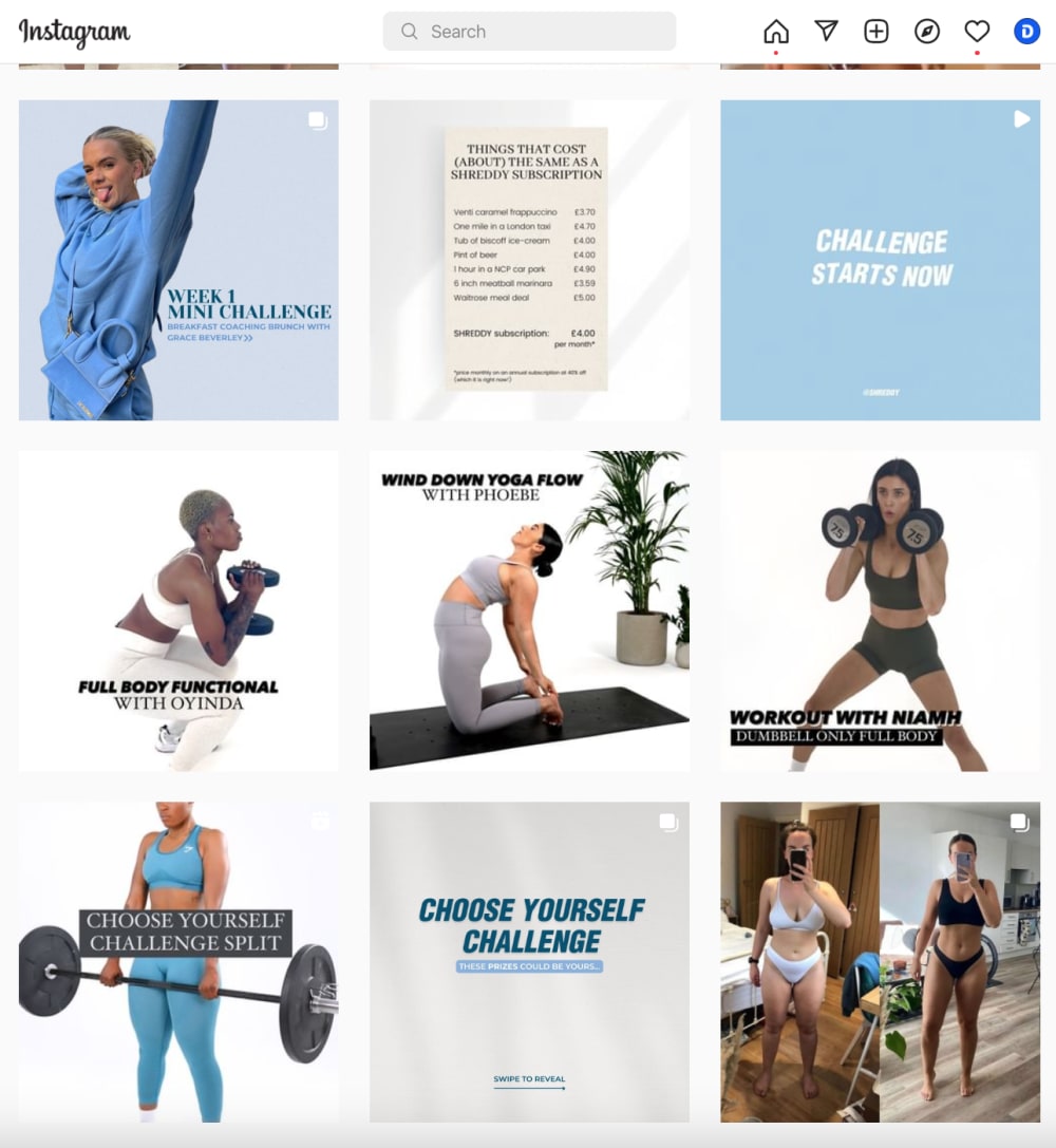 A screen-grab of Shreddys instagram, showing varied posts; mini challenges, competitions and fitness posts from the brands and user-generated content