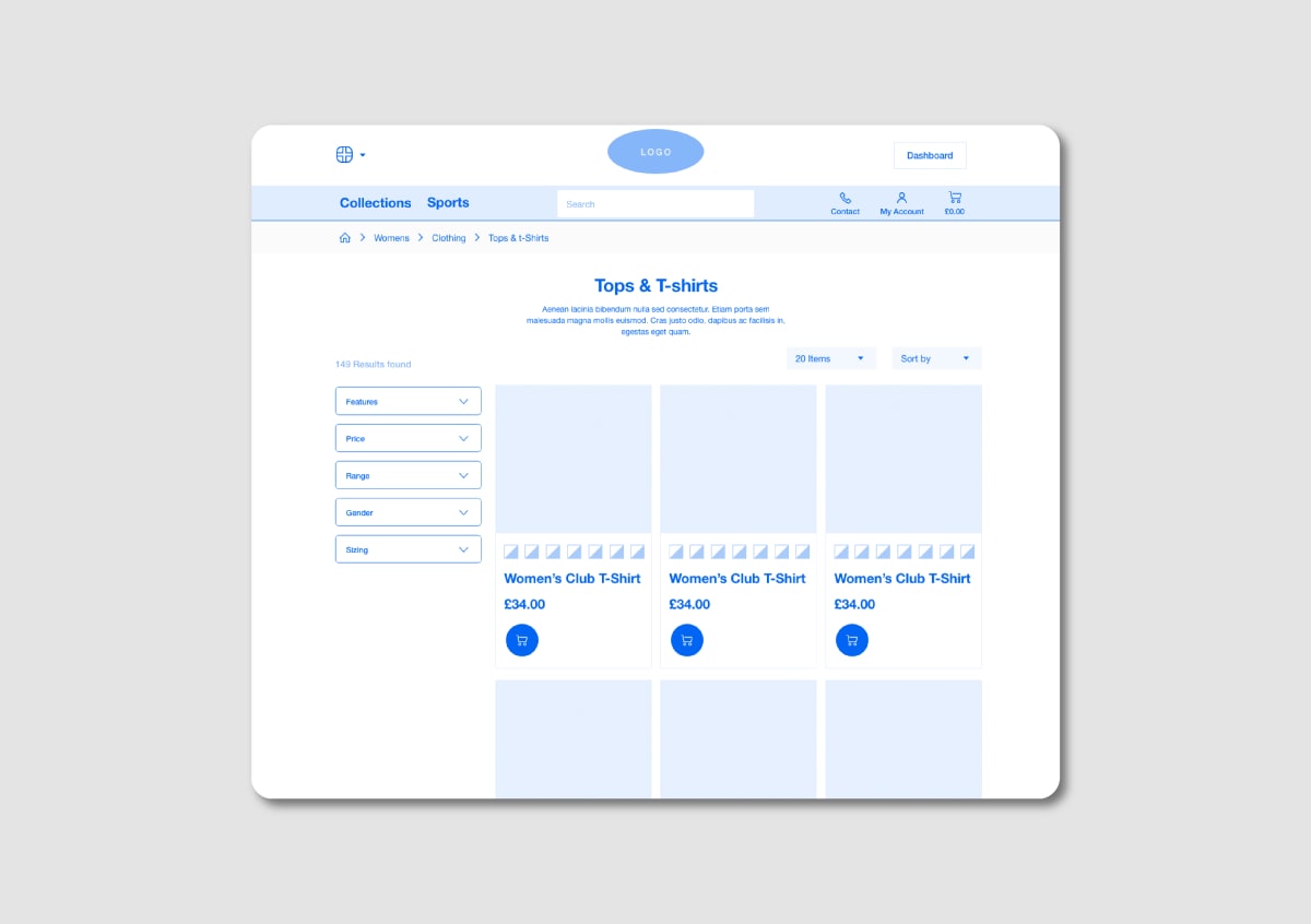 A wireframe showing how product listing pages can be presented on a website