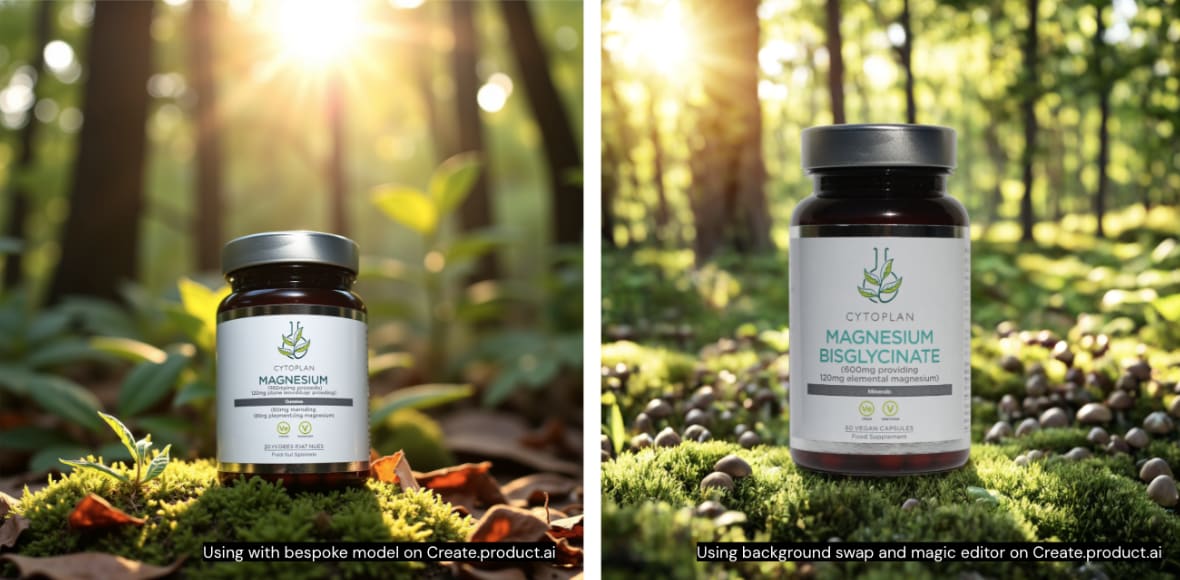 The image on the left is a bespoke model with a prompted background - excellent overall look, but the text is not rendered correctly. Image on right with background swap, text and label from supplied image.